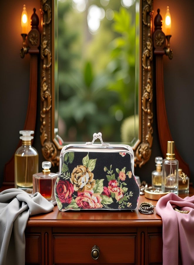 Qintreesify Cute Black Floral Buckle Coin Purses Vintage Pouch Kiss-lock Change Purse Wallets Wallets, Card Cases and Money Organizers Accessories(9cmX7cm) - Image 2